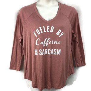 Torrid 1 Plus Mauve Pink V Neck 3/4 Sleeve Tee Shirt Caffeine Sarcasm